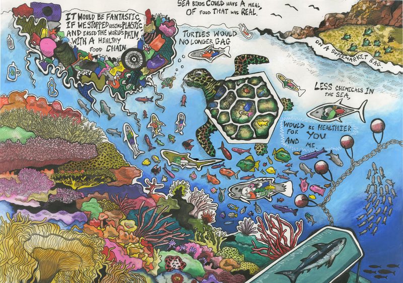 Plastic pollution, editorial illustration