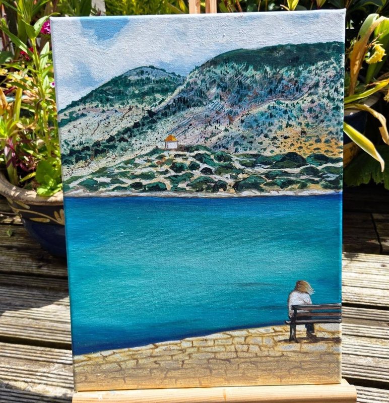 Bay with bench, acrylic on canvas