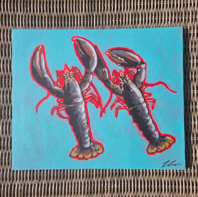 Two lobsters, acrylic on board